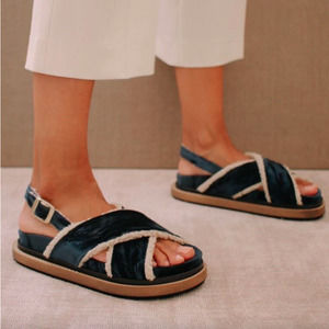 ALOHAS Marshmallow Navy Blue Velvet and Shearling Sandals
